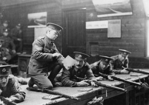 British soldiers using the minature rifle range during their training at the British Army School of Musketry in Hythe, 21 January 1915.